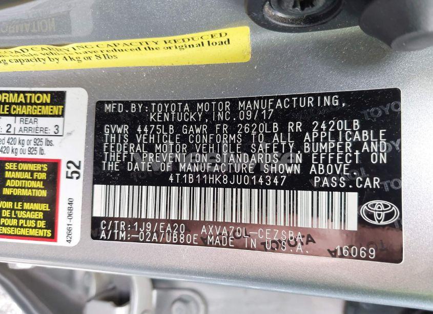 Photo 9 of 2018 Toyota Camry SE (VIN 4T1B11HK8JU014347)