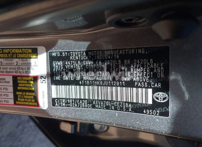 Photo 9 of 2018 Toyota Camry SE (VIN 4T1B11HK8JU112911)