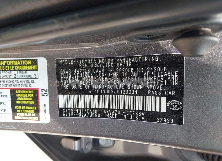 Photo 9 of 2018 Toyota Camry L/LE/XLE/SE/XSE (VIN 4T1B11HK8JU129031)