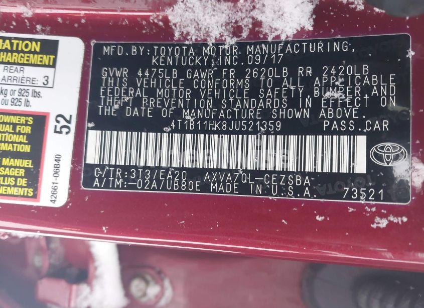 Photo 9 of 2018 Toyota Camry SE (VIN 4T1B11HK8JU521359)