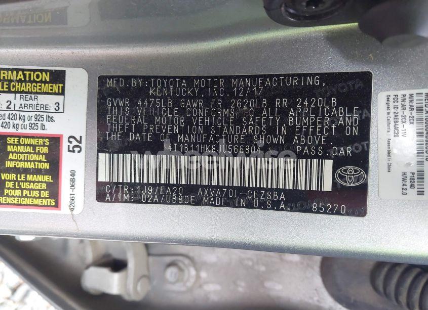 Photo 9 of 2018 Toyota Camry SE (VIN 4T1B11HK8JU566804)