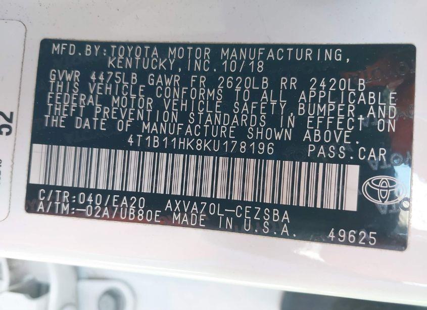 Photo 9 of 2019 Toyota Camry SE (VIN 4T1B11HK8KU178196)