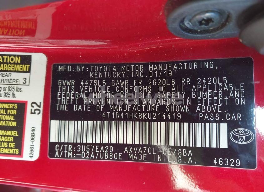 Photo 9 of 2019 Toyota Camry SE (VIN 4T1B11HK8KU214419)