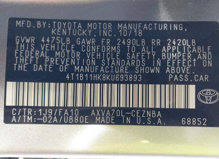 Photo 9 of 2019 Toyota Camry LE (VIN 4T1B11HK8KU693893)