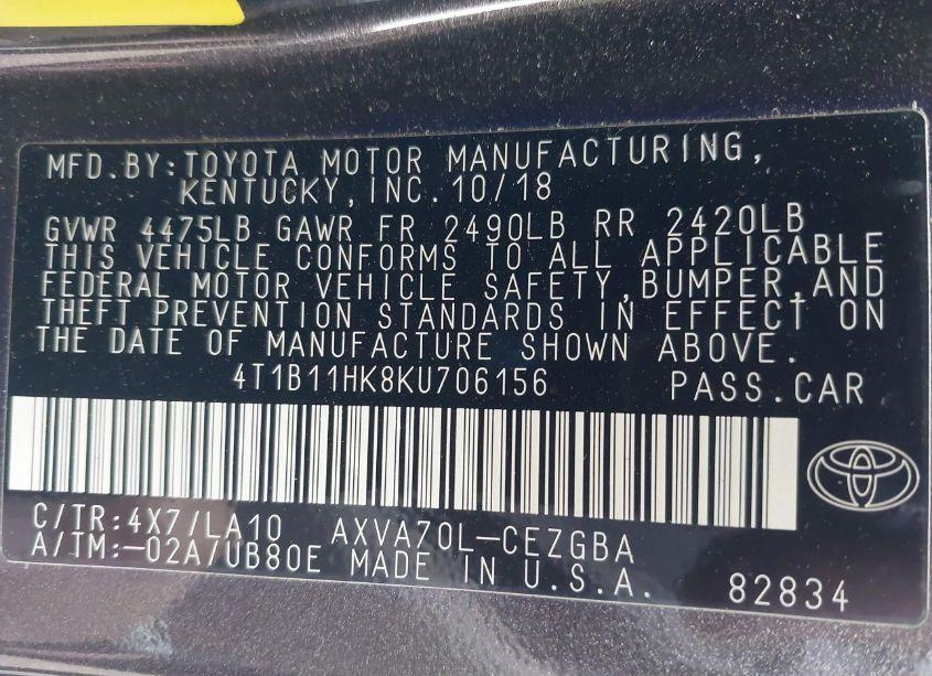 Photo 9 of 2019 Toyota Camry XLE (VIN 4T1B11HK8KU706156)