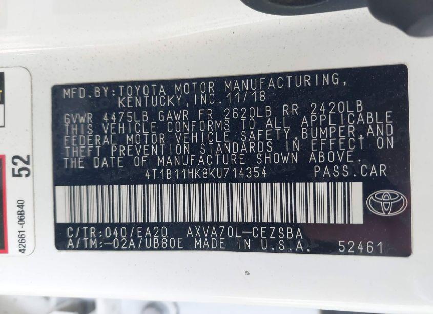 Photo 9 of 2019 Toyota Camry SE (VIN 4T1B11HK8KU714354)