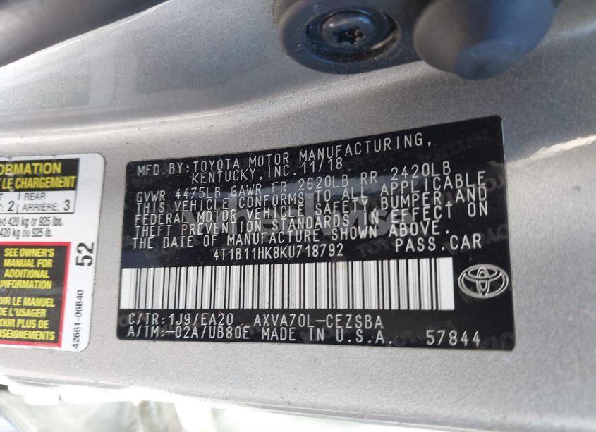 Photo 9 of 2019 Toyota Camry SE (VIN 4T1B11HK8KU718792)