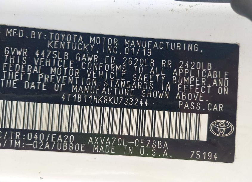 Photo 9 of 2019 Toyota Camry SE (VIN 4T1B11HK8KU733244)