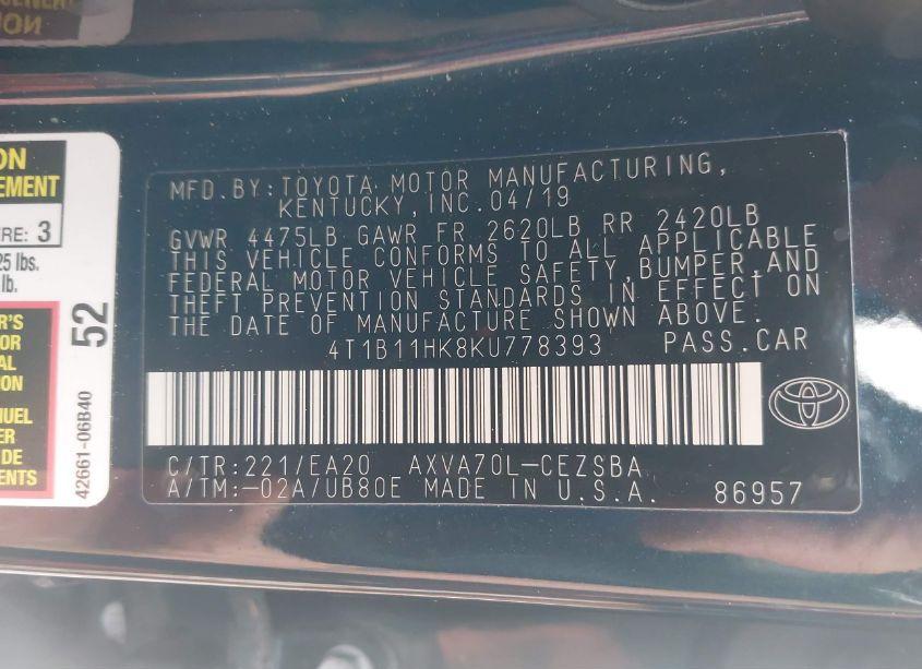 Photo 9 of 2019 Toyota Camry SE (VIN 4T1B11HK8KU778393)