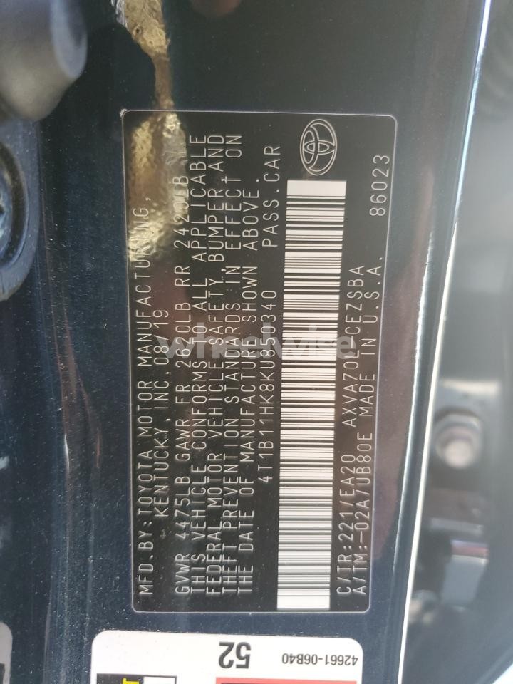 Photo 12 of 2019 TOYOTA CAMRY L (VIN 4T1B11HK8KU850340)