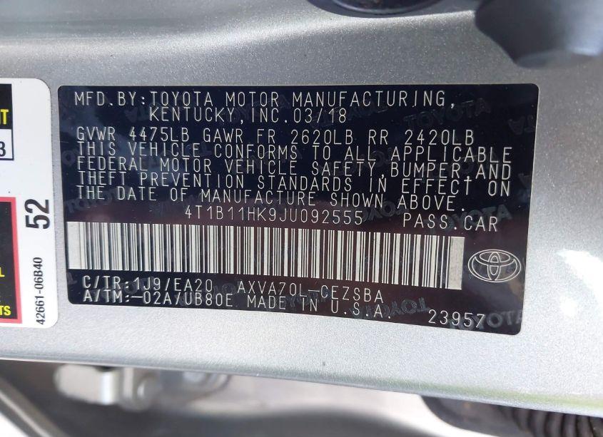 Photo 9 of 2018 Toyota Camry SE (VIN 4T1B11HK9JU092555)