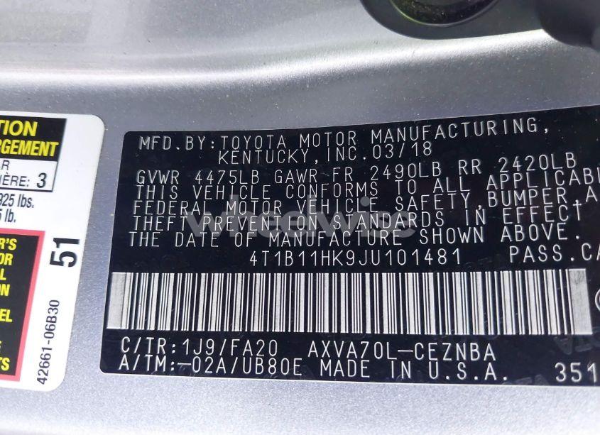 Photo 9 of 2018 Toyota Camry LE (VIN 4T1B11HK9JU101481)