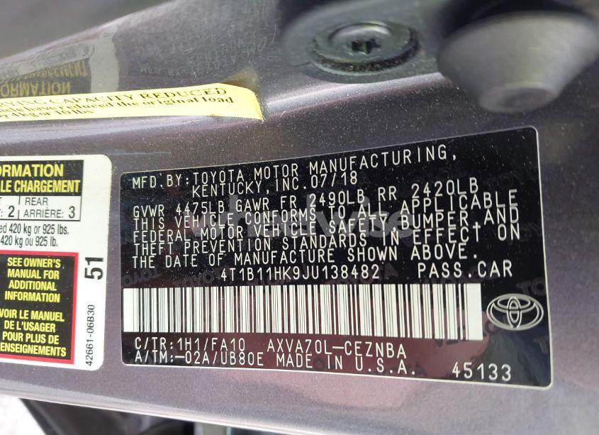 Photo 9 of 2018 Toyota Camry LE (VIN 4T1B11HK9JU138482)