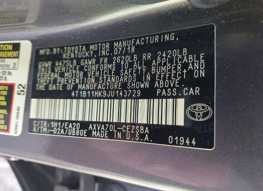 Photo 9 of 2018 Toyota Camry SE (VIN 4T1B11HK9JU143729)