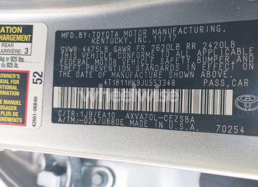 Photo 9 of 2018 Toyota Camry SE (VIN 4T1B11HK9JU553348)