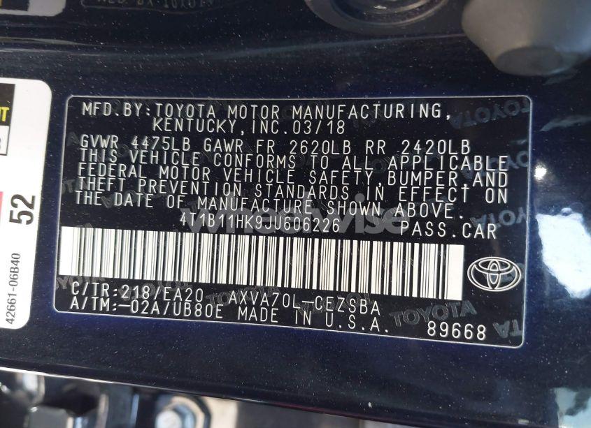 Photo 9 of 2018 Toyota Camry SE (VIN 4T1B11HK9JU606226)