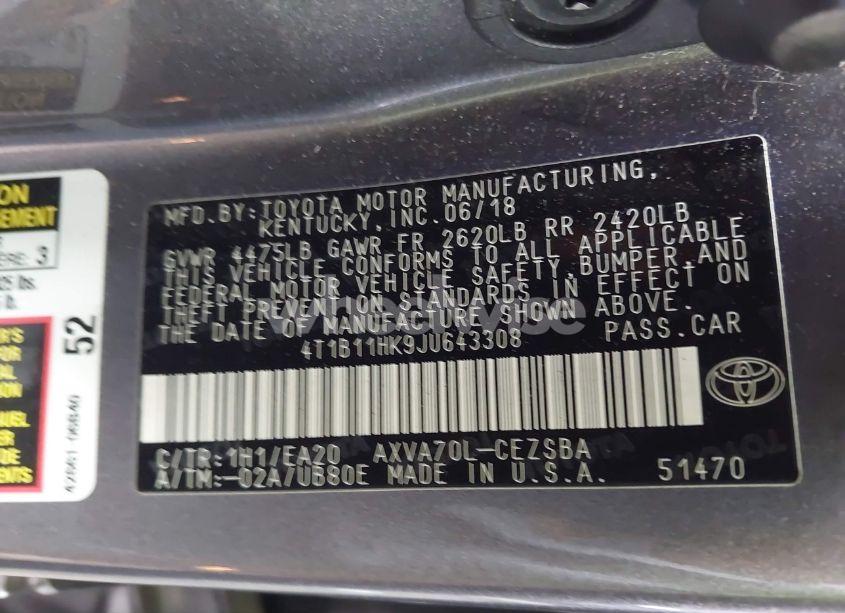 Photo 9 of 2018 Toyota Camry SE (VIN 4T1B11HK9JU643308)