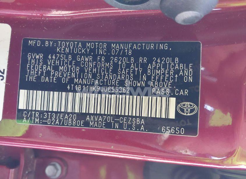 Photo 9 of 2018 Toyota Camry SE (VIN 4T1B11HK9JU655362)