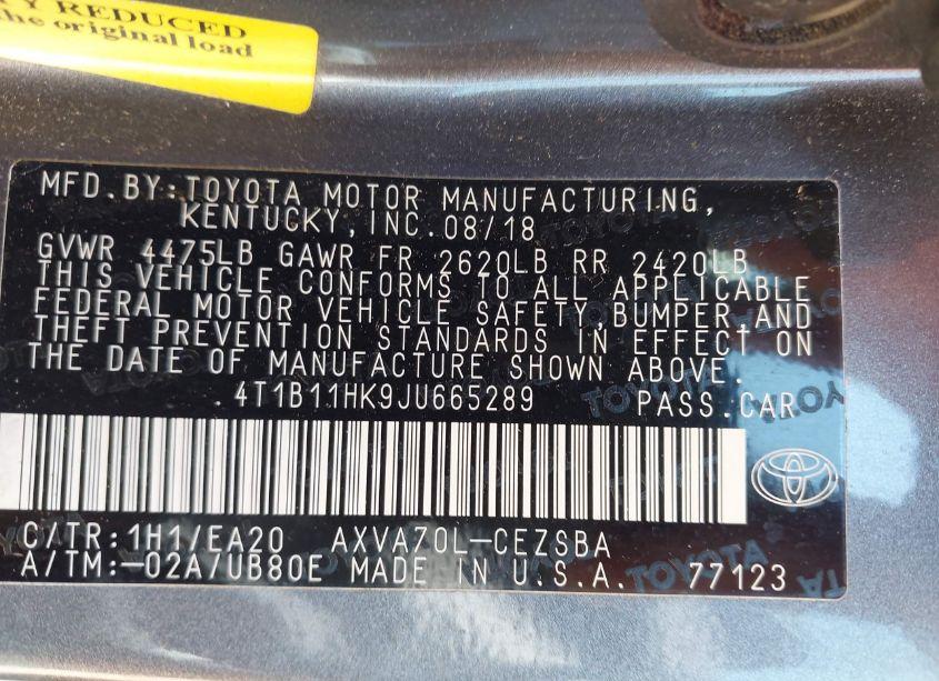 Photo 9 of 2018 Toyota Camry SE (VIN 4T1B11HK9JU665289)