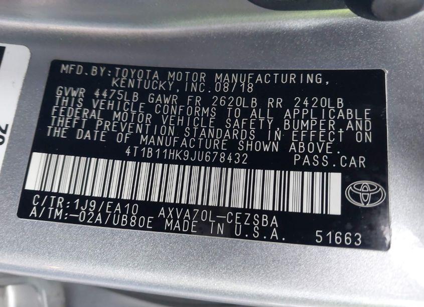 Photo 9 of 2018 Toyota Camry SE (VIN 4T1B11HK9JU678432)