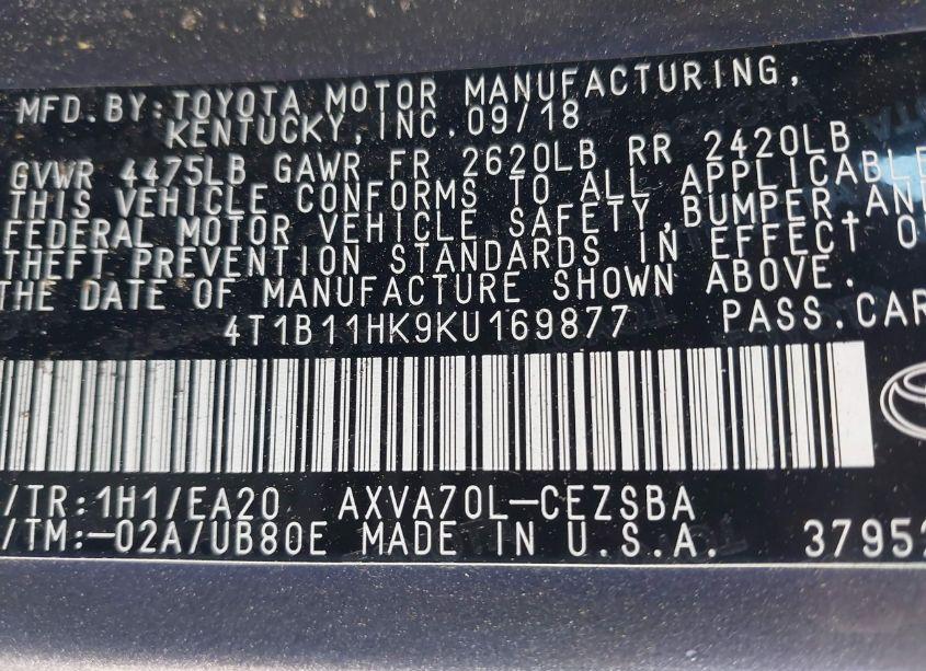 Photo 9 of 2019 Toyota Camry SE (VIN 4T1B11HK9KU169877)