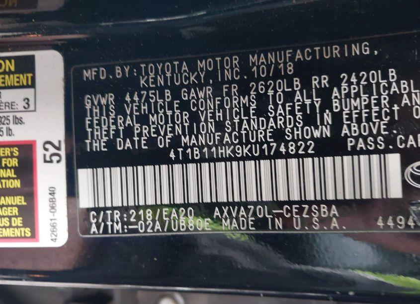 Photo 9 of 2019 Toyota Camry SE (VIN 4T1B11HK9KU174822)