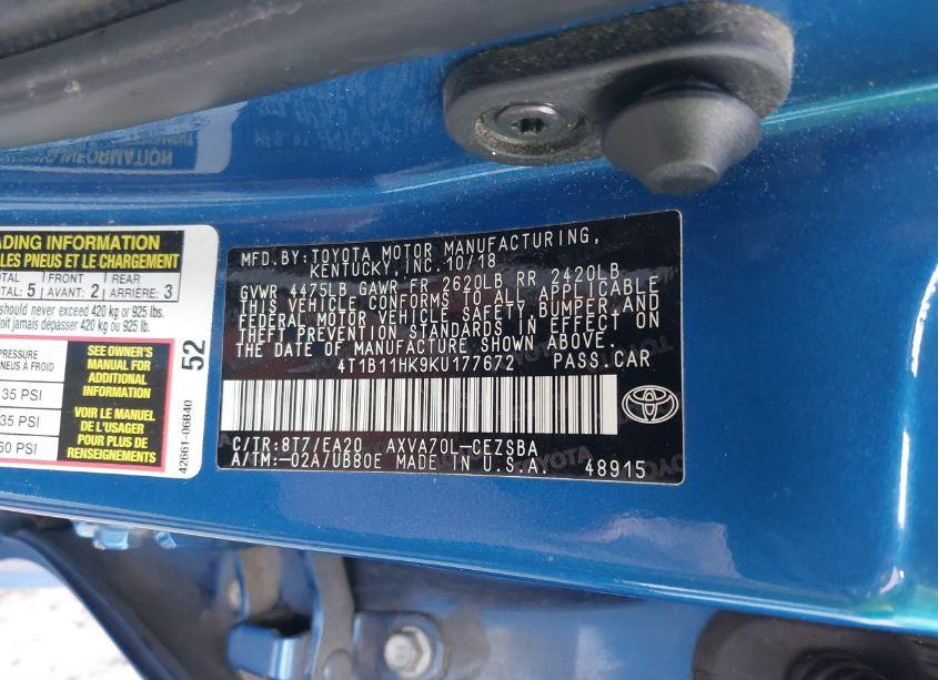 Photo 9 of 2019 Toyota Camry SE (VIN 4T1B11HK9KU177672)