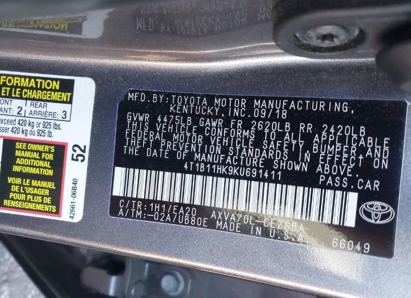 Photo 9 of 2019 Toyota Camry SE (VIN 4T1B11HK9KU691411)