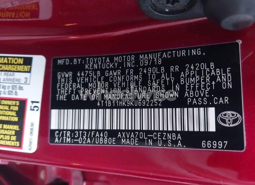 Photo 9 of 2019 Toyota Camry LE (VIN 4T1B11HK9KU692252)