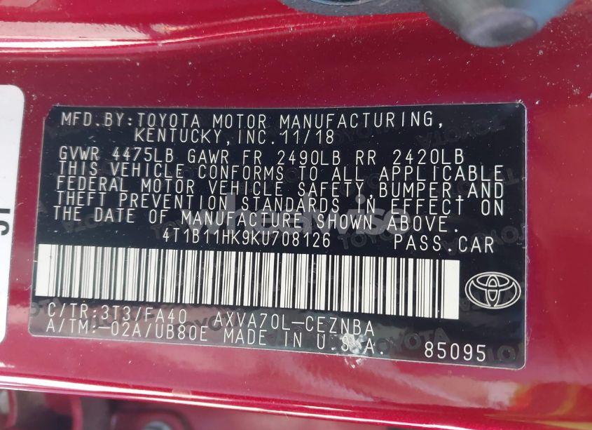 Photo 9 of 2019 Toyota Camry LE (VIN 4T1B11HK9KU708126)