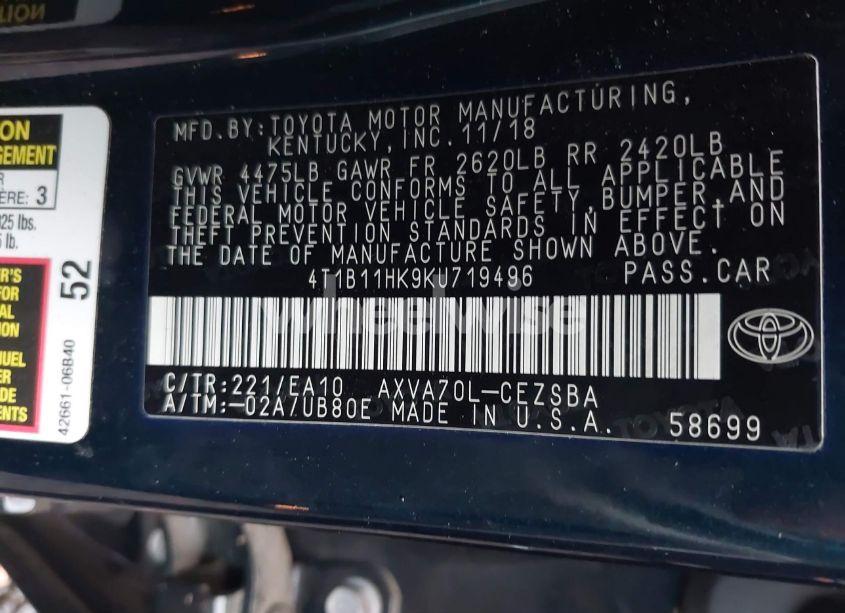 Photo 9 of 2019 Toyota Camry SE (VIN 4T1B11HK9KU719496)