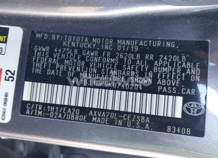 Photo 9 of 2019 Toyota Camry SE (VIN 4T1B11HK9KU740204)