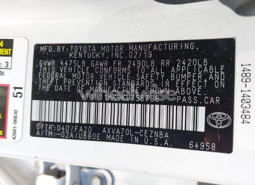Photo 9 of 2019 Toyota Camry LE (VIN 4T1B11HK9KU758766)