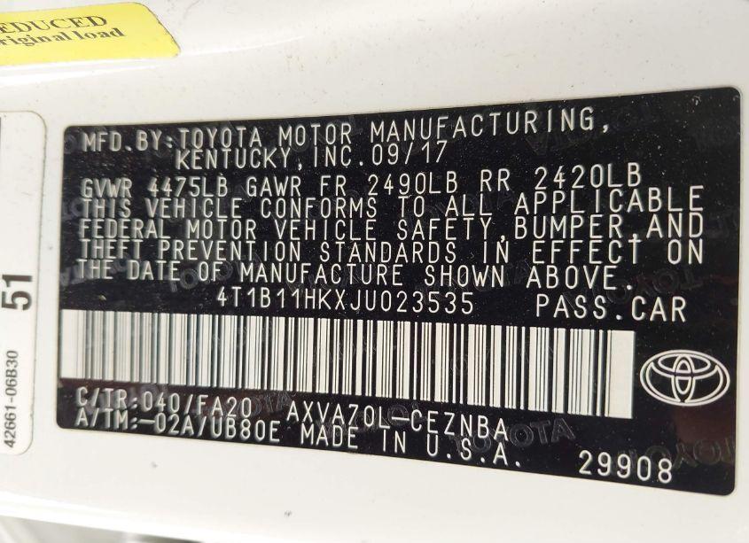 Photo 9 of 2018 Toyota Camry LE (VIN 4T1B11HKXJU023535)