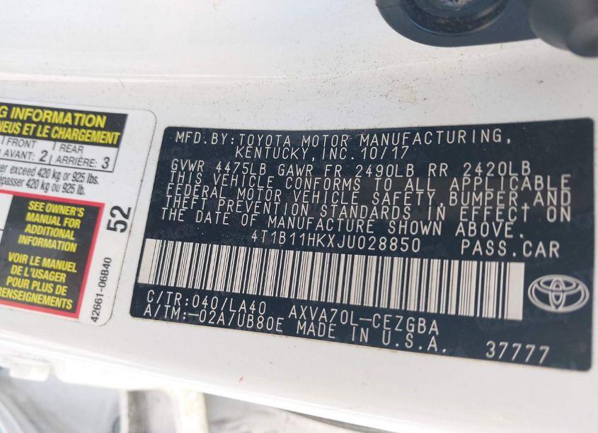 Photo 9 of 2018 Toyota Camry XLE (VIN 4T1B11HKXJU028850)