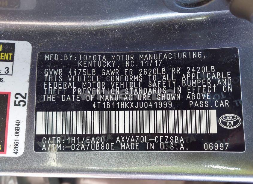 Photo 9 of 2018 Toyota Camry SE (VIN 4T1B11HKXJU041999)