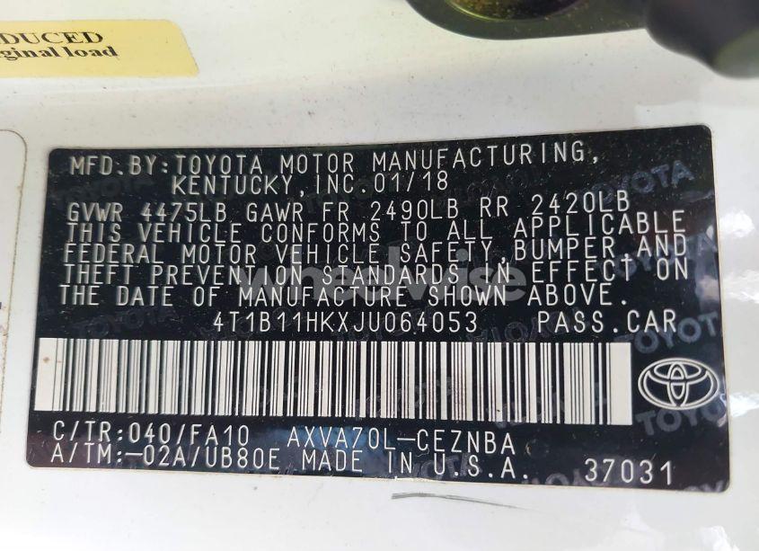 Photo 9 of 2018 Toyota Camry LE (VIN 4T1B11HKXJU064053)