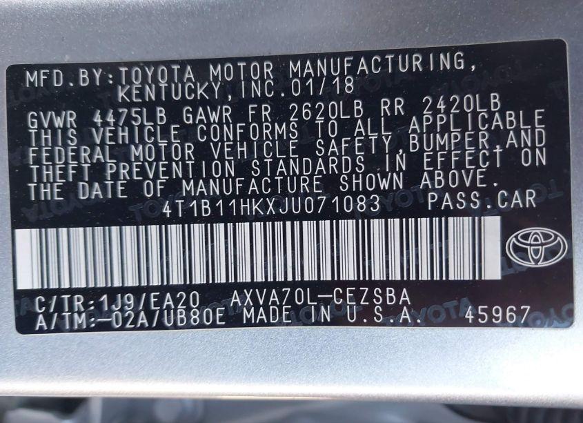 Photo 9 of 2018 Toyota Camry SE (VIN 4T1B11HKXJU071083)