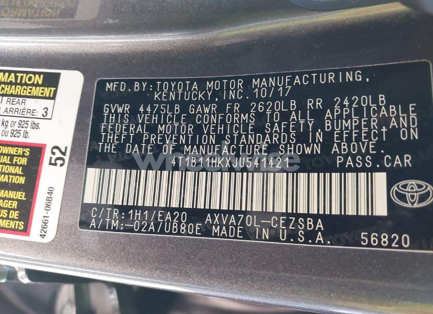 Photo 9 of 2018 Toyota Camry SE (VIN 4T1B11HKXJU541421)