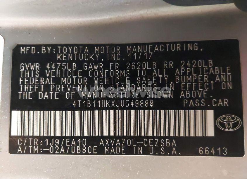 Photo 9 of 2018 Toyota Camry SE (VIN 4T1B11HKXJU549888)