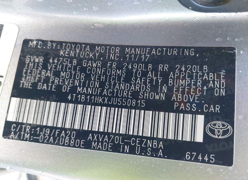 Photo 9 of 2018 Toyota Camry LE (VIN 4T1B11HKXJU550815)