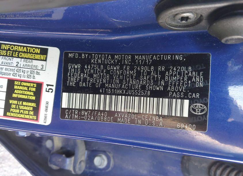 Photo 9 of 2018 Toyota Camry LE (VIN 4T1B11HKXJU552578)