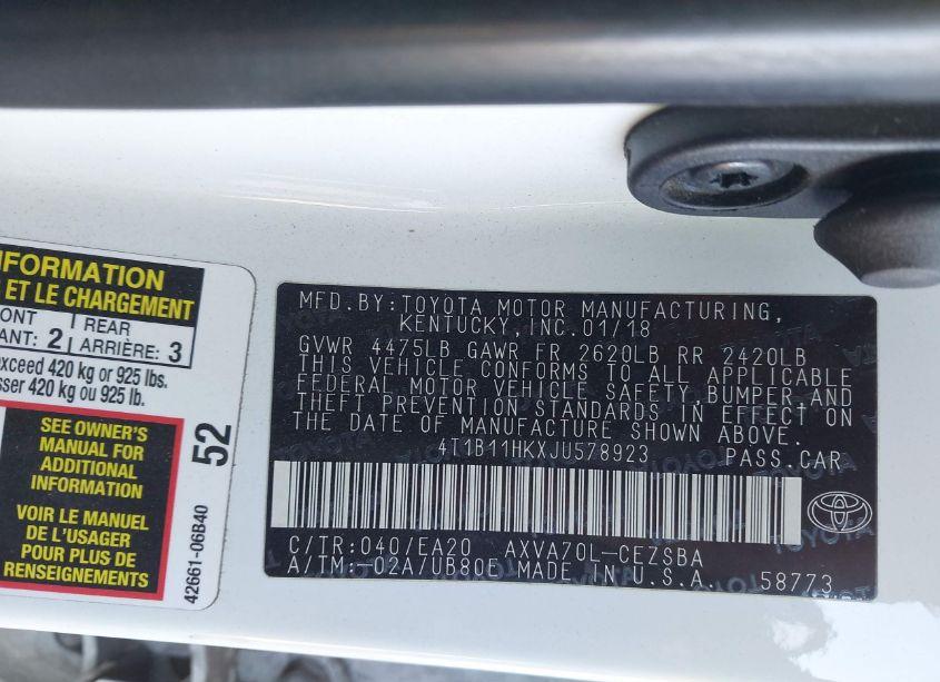 Photo 9 of 2018 Toyota Camry SE (VIN 4T1B11HKXJU578923)