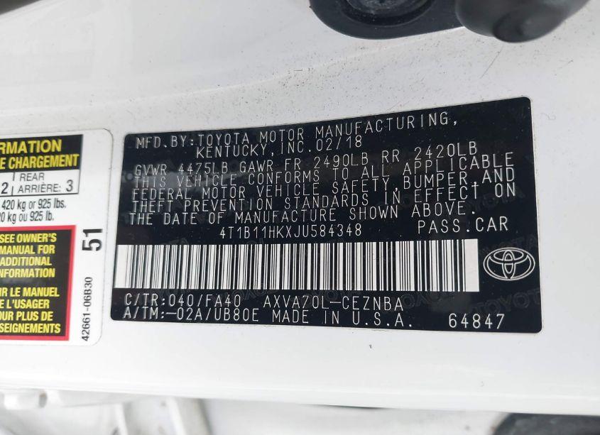 Photo 9 of 2018 Toyota Camry LE (VIN 4T1B11HKXJU584348)