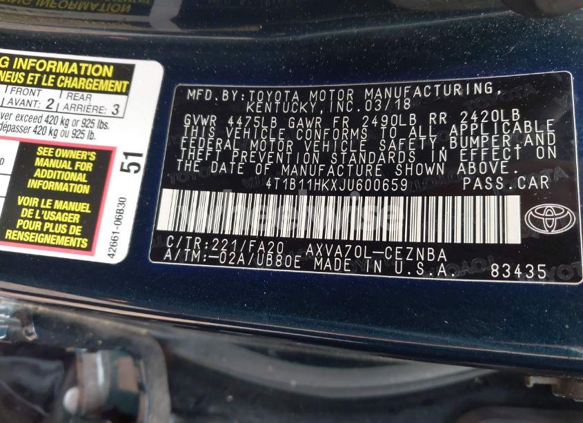 Photo 9 of 2018 Toyota Camry LE (VIN 4T1B11HKXJU600659)