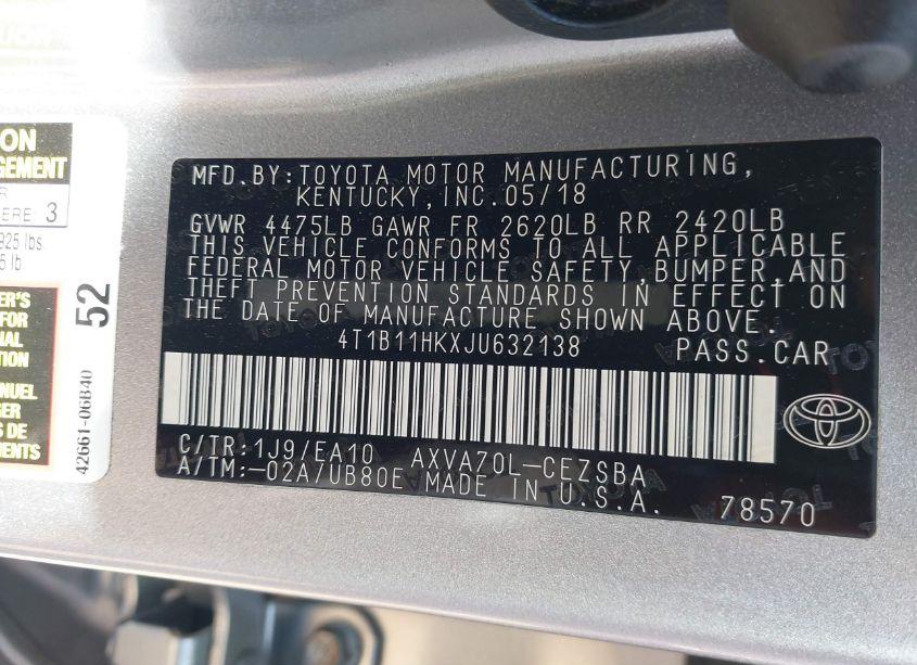 Photo 9 of 2018 Toyota Camry SE (VIN 4T1B11HKXJU632138)