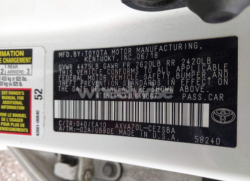 Photo 9 of 2018 Toyota Camry SE (VIN 4T1B11HKXJU649067)