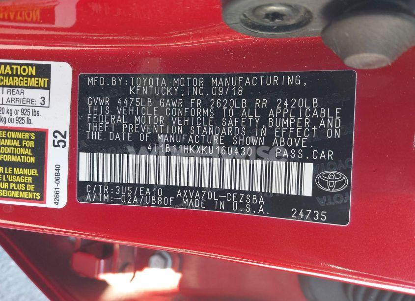 Photo 9 of 2019 Toyota Camry SE (VIN 4T1B11HKXKU160430)