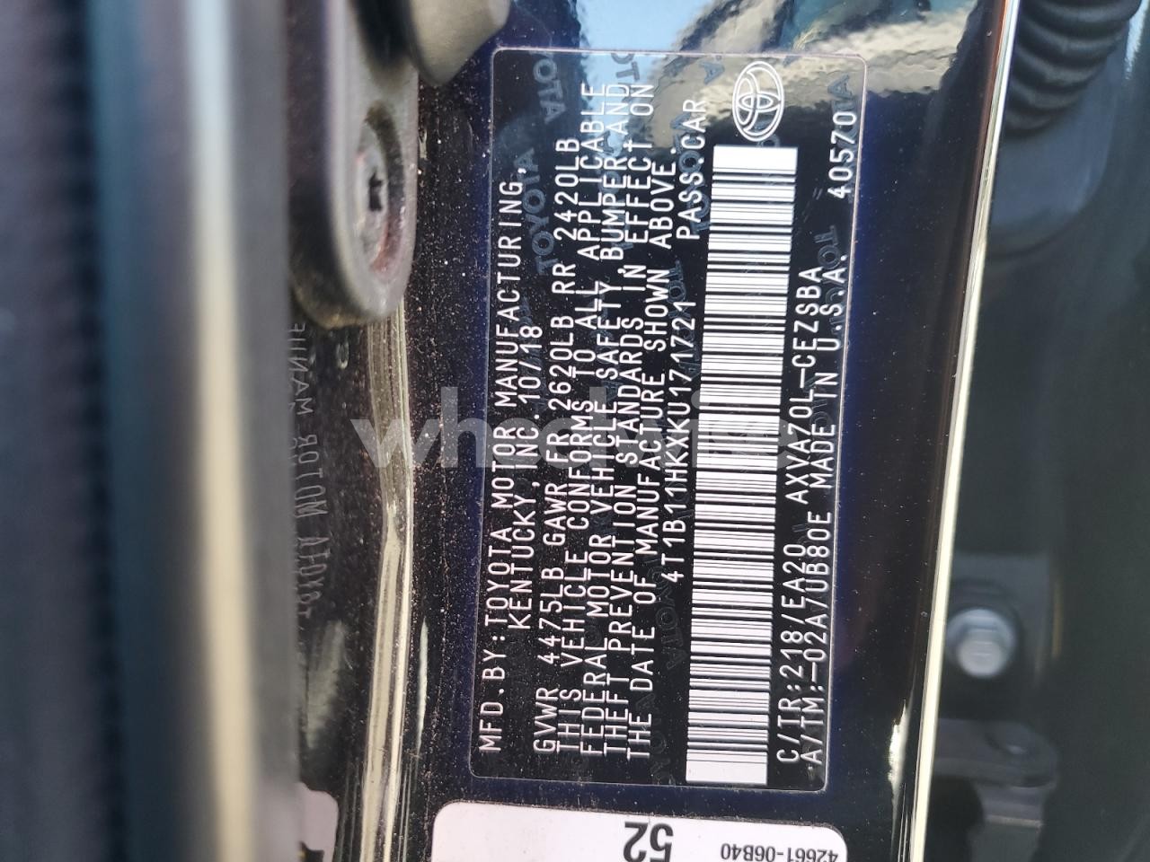 Photo 13 of 2019 TOYOTA CAMRY L (VIN 4T1B11HKXKU171721)