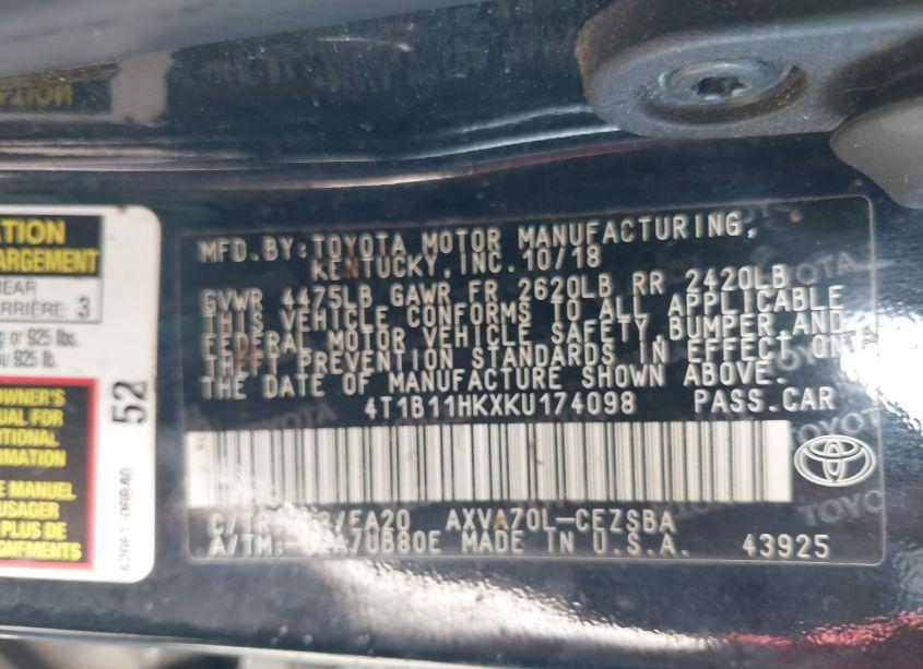 Photo 9 of 2019 Toyota Camry SE (VIN 4T1B11HKXKU174098)